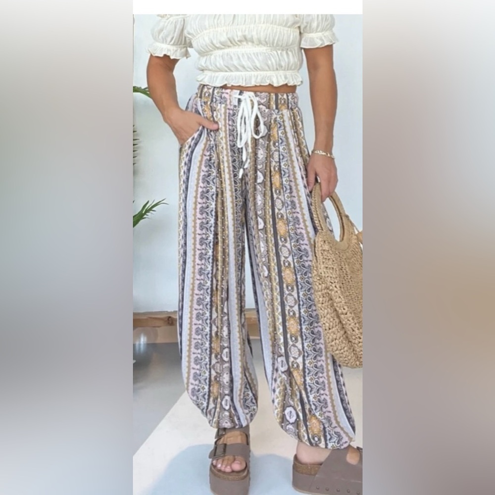 POL Striped Boho Drawstring Joggers - White, Gold, Gray